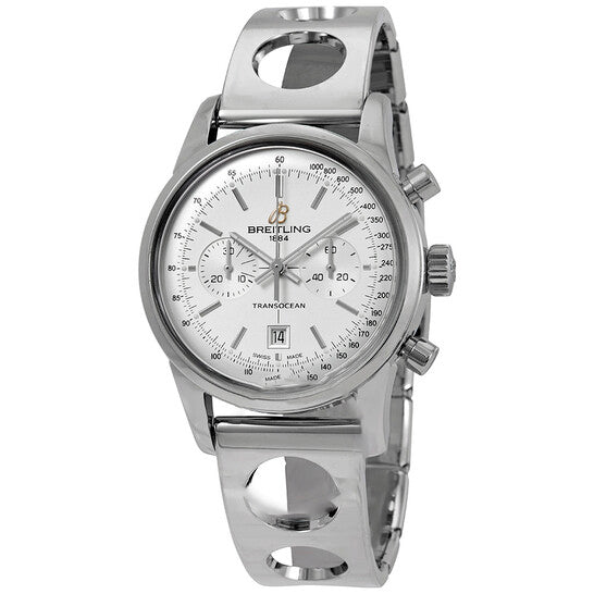 Image of ID 1 Original Breitling Transocean Chronograph Automatic Silver Dial Men's Watch A4131012/G757SS