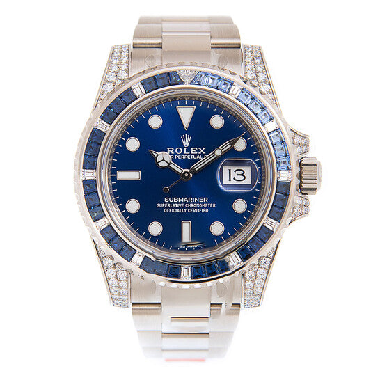 Image of ID 1 Original Rolex Submariner Automatic Chronometer Diamond Blue Dial Watch 116659PAVEO