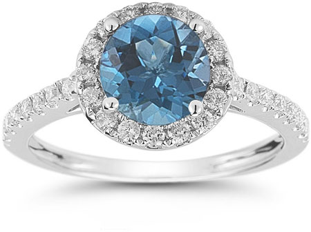 Image of ID 1247852146 Blue  and White Diamond Halo Ring in 14K White Gold