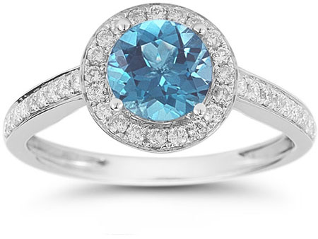 Image of ID 1247852154 Modern Halo Blue Topaz Diamond Ring in 14K White Gold