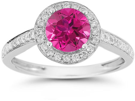 Image of ID 1247852160 Modern Halo Pink Topaz Diamond Ring in 14K White Gold