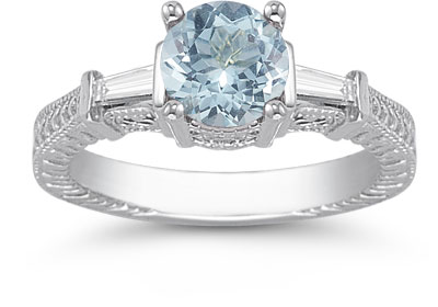 Image of ID 1247852308 Aquamarine and Baguette Diamond Engagement Ring 14K White Gold