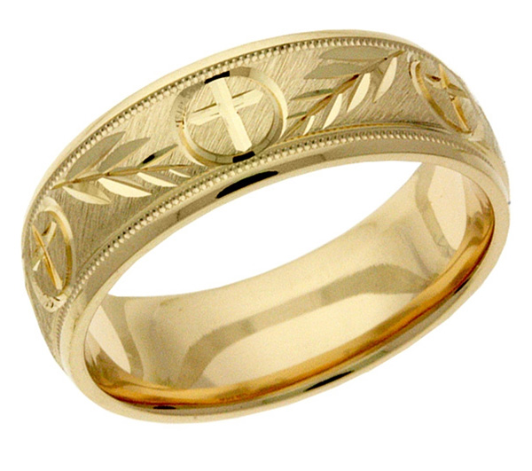 Image of ID 1247854154 Gold Christian Cross and Leaves Wedding Band Ring