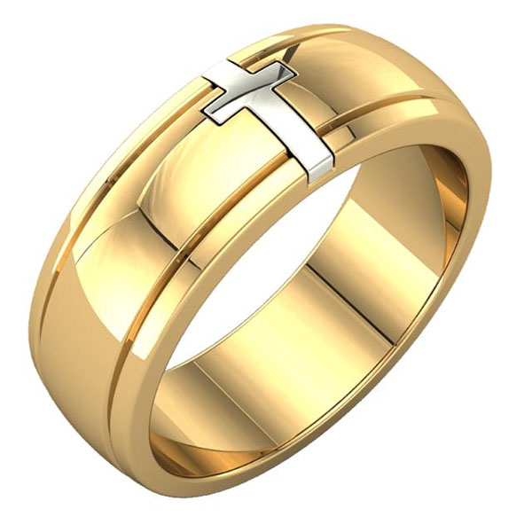 Image of ID 1247857061 14k two-tone gold christian cross wedding band ring