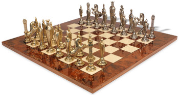 Image of ID 1416911922 Renaissance Theme Metal Chess Set with Walnut Burl Chess Board